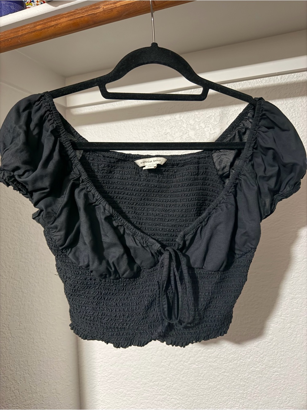 American Eagle Outfitters Black Smocked Puff-Sleeve Tie-Front Crop Top